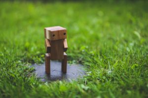 Holz-Bot im Gras / Chatbot